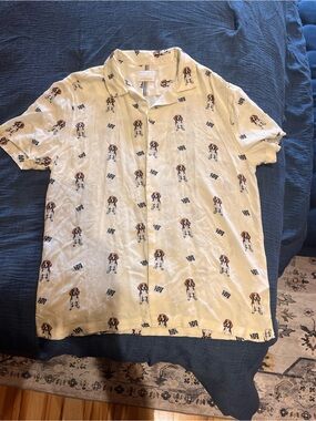 Denim & Flower Cream Short-Sleeve Button-Up Shirt with Dog Print